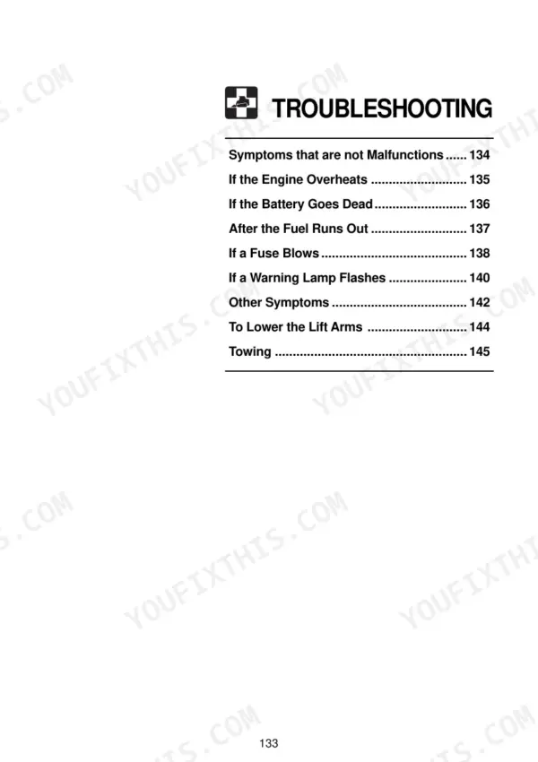 Gehl CTL60, CTL70, CTL80 troubleshooting section table of contents listing engine, battery, fuel, and lift arm procedures.