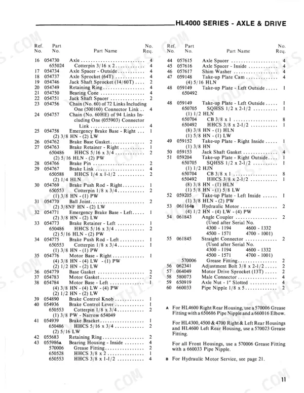 Gehl HL4300, HL4500, HL4600, HL4700 parts list for axle and drive components including brake, motor, and take-up plate assemblies.