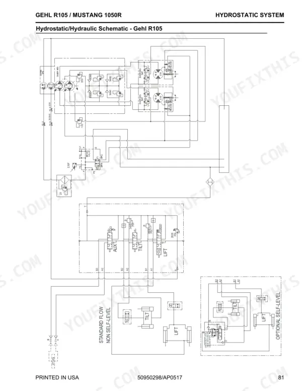 Gehl R105 / Mustang 1050R hydrostatic and hydraulic system schematic diagram.