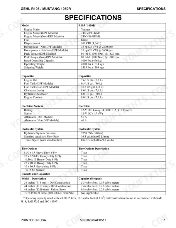 Gehl R105 / Mustang 1050R specifications table including engine, capacities, electrical, hydraulic, and tires.