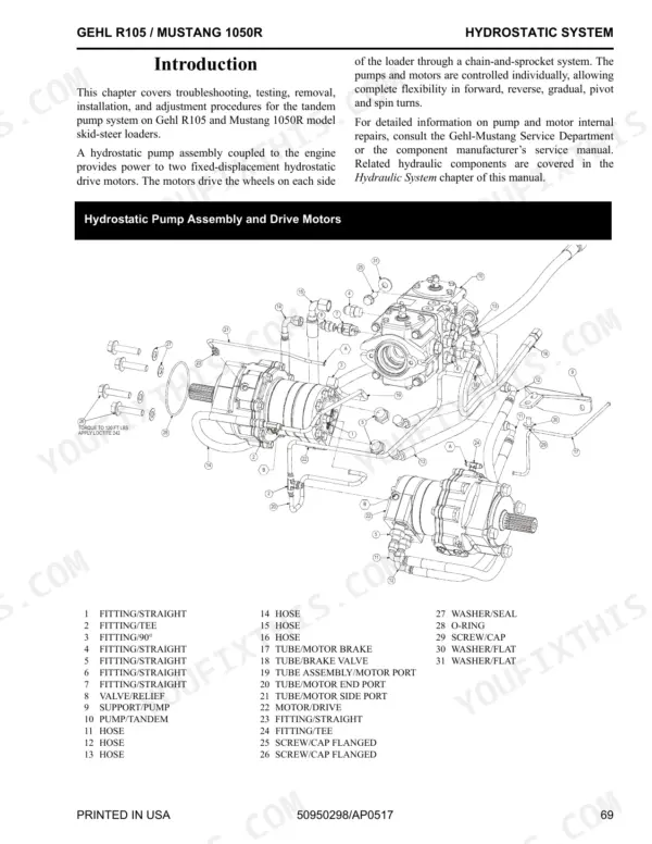 Gehl R105 / Mustang 1050R hydrostatic pump assembly and drive motors exploded view with parts list.
