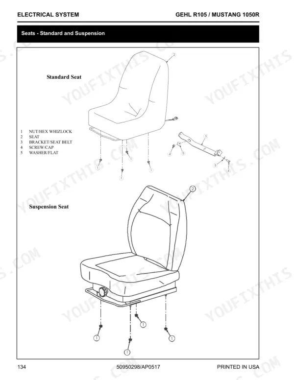 Gehl R105 / Mustang 1050R exploded view diagram of standard and suspension seat mounting hardware.