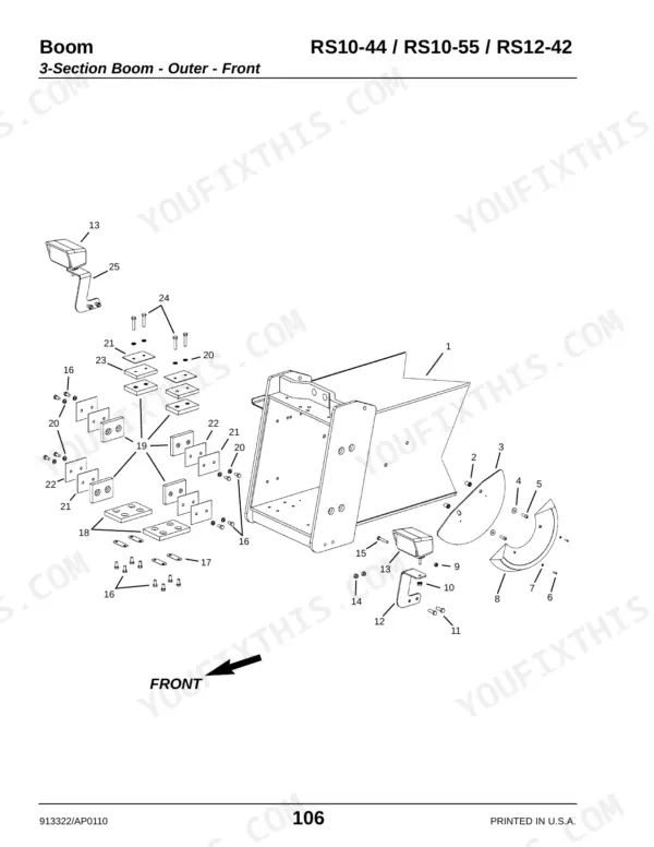 Gehl RS10-44, RS10-55, RS12-42 exploded view of 3-section boom outer front assembly with wear pads and light mounts.