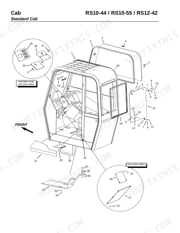 Gehl RS10-44, RS10-55, RS12-42 exploded view diagram of standard cab components, instrument panel, and dash access panels.