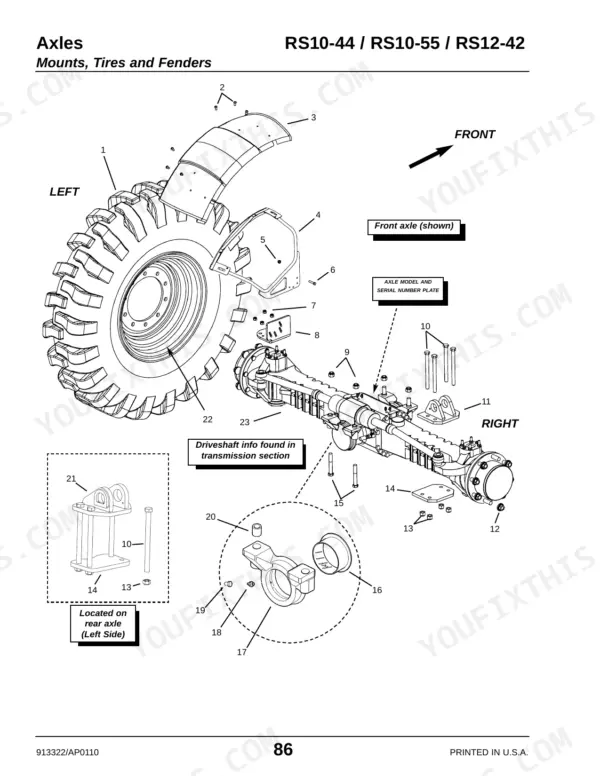 Gehl RS10-44, RS10-55, RS12-42 exploded view of front axle, tire, fender, and mounting hardware components.