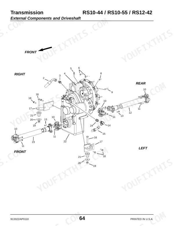 Gehl RS10-44, RS10-55, RS12-42 transmission exploded view showing external components and driveshaft assembly parts.