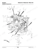 Gehl RS10-44, RS10-55, RS12-42 engine external components exploded view diagram showing mounting brackets and accessories.