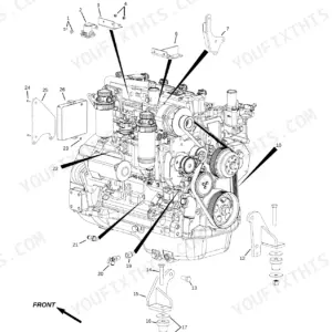 Gehl RS10-44, RS10-55, RS12-42 engine external components exploded view diagram showing mounting brackets and accessories.
