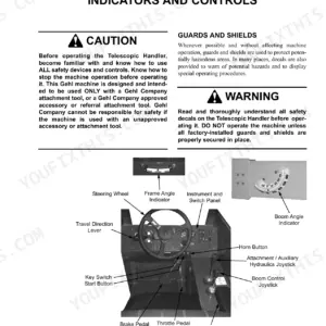 Gehl RS5-19 operator manual page showing indicators, controls, frame angle, boom angle, pedals, and joystick locations.