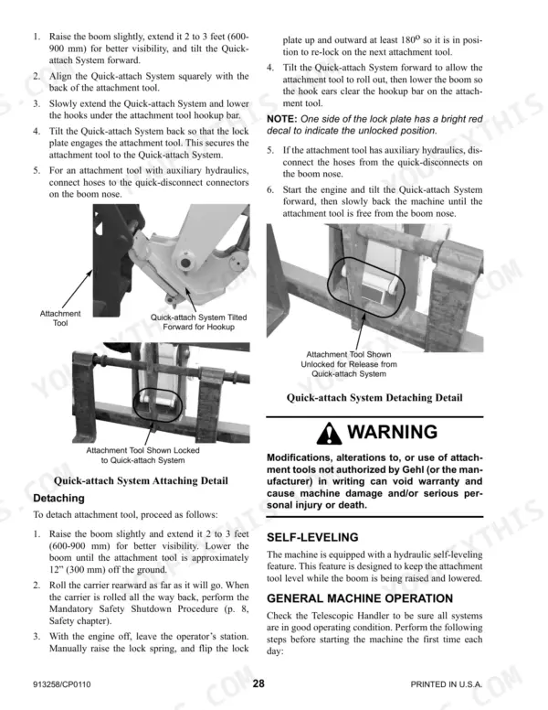 Gehl RS5-19 operator manual procedures for attaching and detaching the quick-attach system and attachment tools.
