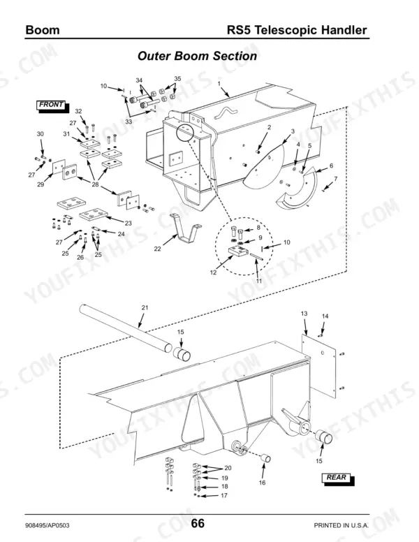 Gehl RS5 telescopic handler outer boom section exploded view diagram showing wear pads, bolts, and mounting hardware components.