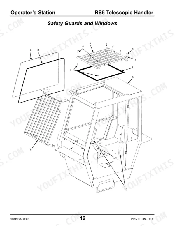 Gehl RS5 exploded view diagram of operator station safety guards, windows, and cab mounting hardware components.