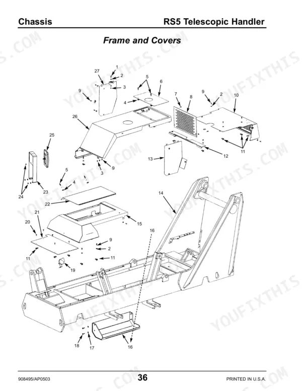 Gehl RS5 telescopic handler chassis exploded view showing frame, engine covers, and mounting hardware components.