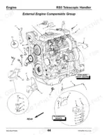 gehl-rs5-telescopic-handler-parts-catalog-908495-engine-parts-46.webp Gehl RS5 exploded view of external engine components and transmission mounts for John Deere 4045TF engine.