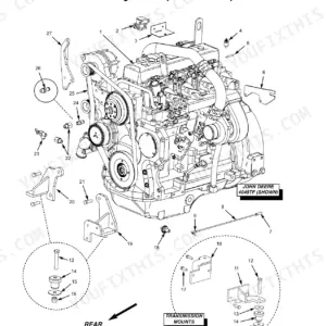 Gehl RS5 exploded view of external engine components and transmission mounts for John Deere 4045TF engine.