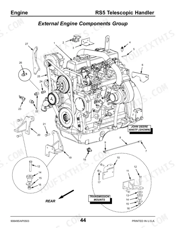 gehl-rs5-telescopic-handler-parts-catalog-908495-engine-parts-46.webp Gehl RS5 exploded view of external engine components and transmission mounts for John Deere 4045TF engine.