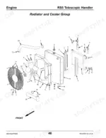 gehl-rs5-telescopic-handler-parts-catalog-908495-engine-parts-48.webp Gehl RS5 exploded view diagram of the radiator and cooler group, showing fan, shroud, hoses, and mounting hardware.