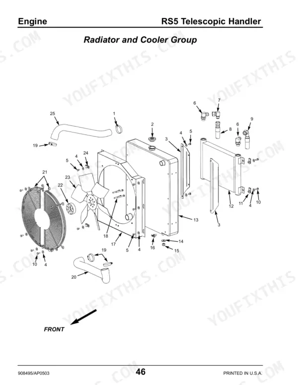 Gehl RS5 exploded view diagram of the radiator and cooler group, showing fan, shroud, hoses, and mounting hardware.