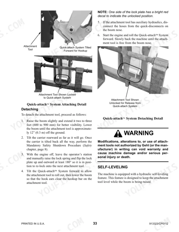 Gehl RS6-34 manual page showing Quick-attach system detaching procedures, lock plate diagrams, and self-leveling feature warning.