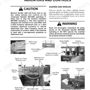 Gehl RS6-34 operator manual page showing indicators, controls, boom angle, joystick functions, and instrument panel layout.