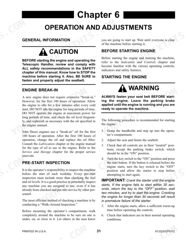 Gehl RS6-34 operator manual page covering engine break-in, pre-start inspection, and engine starting procedures.