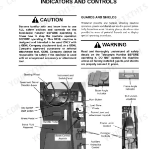 Gehl RS6-42, RS8-42, RS8-44 operator controls diagram showing steering, joysticks, pedals, and safety indicators.