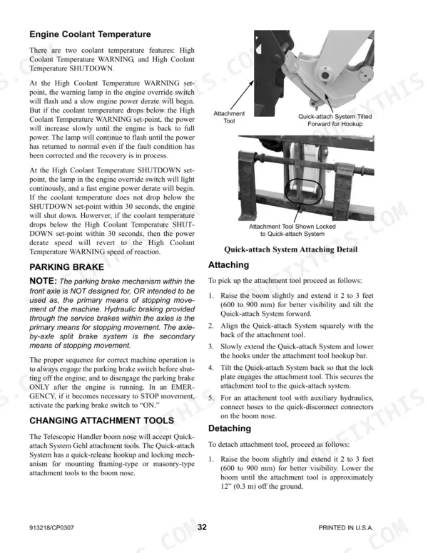 Gehl RS6-42, RS8-42, RS8-44 engine coolant temperature, parking brake, and quick-attach system operation procedures.