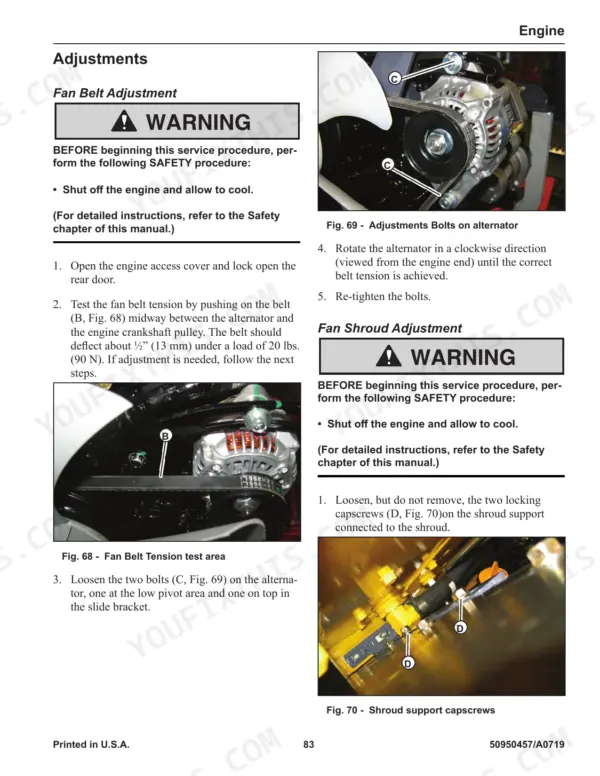 Gehl RT105 / Mustang 1050RT fan belt and shroud adjustment procedures with alternator and support bolt diagrams.