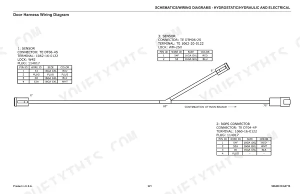 gehl-rt105-1050rt-compact-track-loader-service-manual-50950457-wiring-222.webp Gehl RT105 / Mustang 1050RT door harness wiring diagram with connector pinout tables and wire specs.