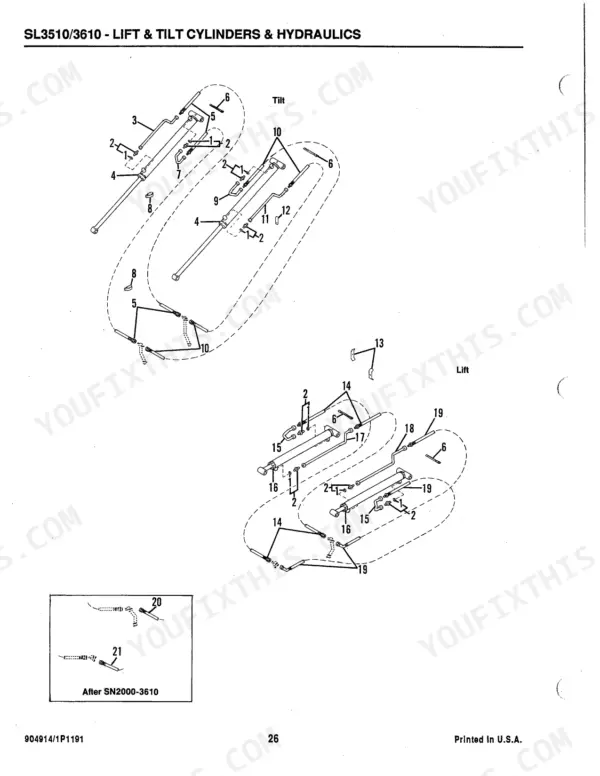 gehl-sl3510-sl3610-skid-loader-parts-catalog-904914-hydraulic-parts-28.webp Gehl SL3510, SL3610 exploded view of lift and tilt cylinders and hydraulic lines with numbered parts list components.