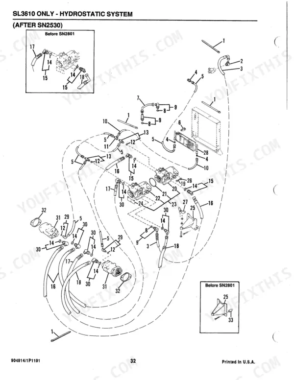 Gehl SL3610 hydrostatic system exploded view showing hydraulic pumps, hoses, and oil cooler components.