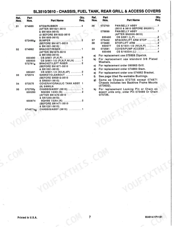 Gehl SL3510, SL3610 parts list for chassis, fuel tank, rear grill, and access covers with reference numbers and part names.