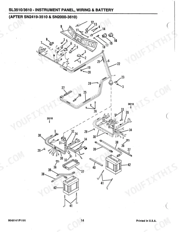 Gehl SL3510, SL3610 exploded view of instrument panel, wiring harness, and battery components for serial numbers after 2419 and 2000.