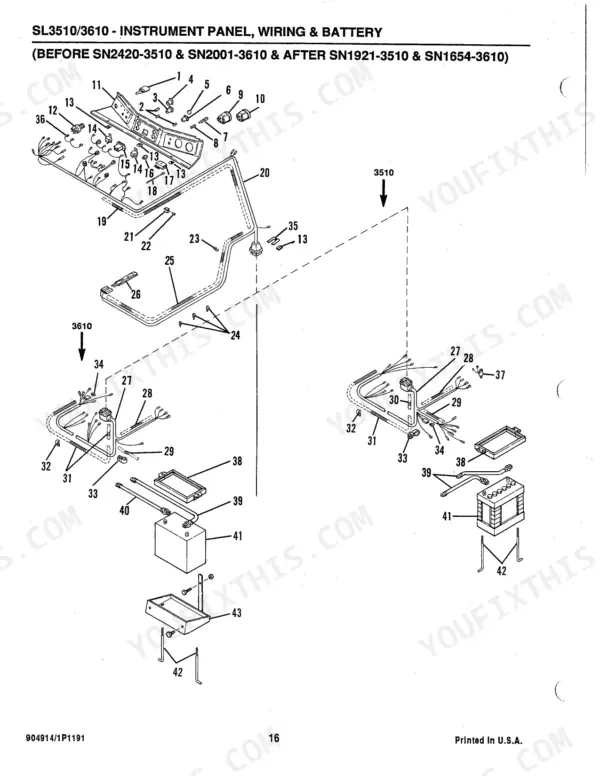 Gehl SL3510, SL3610 exploded view of instrument panel, wiring harness, and battery components for specific serial numbers.