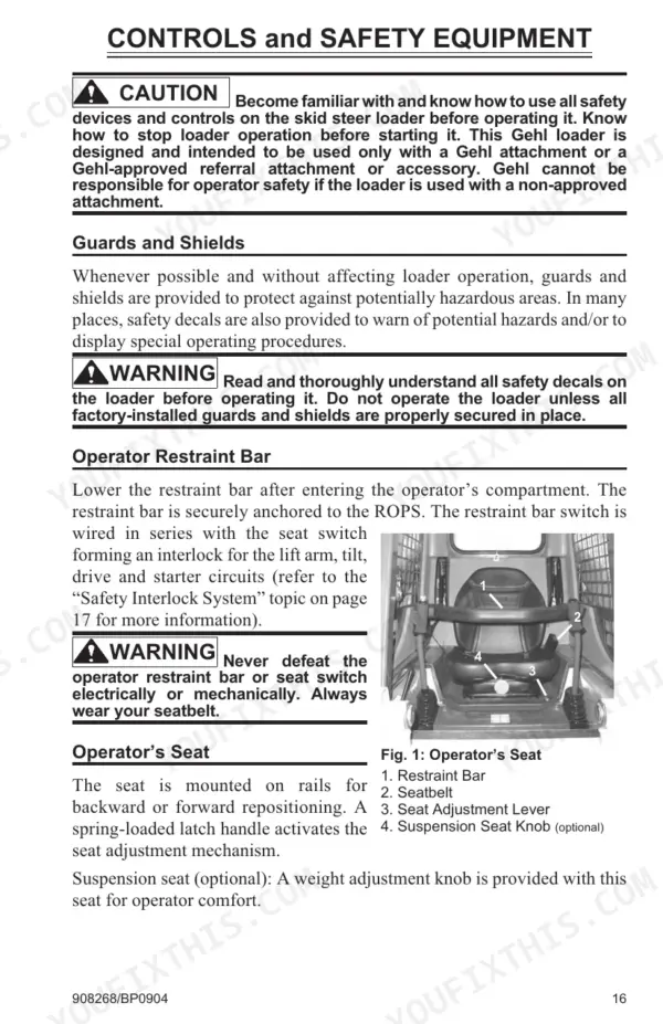 gehl-sl3635-sl3935-skid-steer-loader-operator-manual-908268-bp0904-controls-19.webp Gehl SL3635, SL3935 controls and safety equipment manual page showing operator restraint bar and seat components.