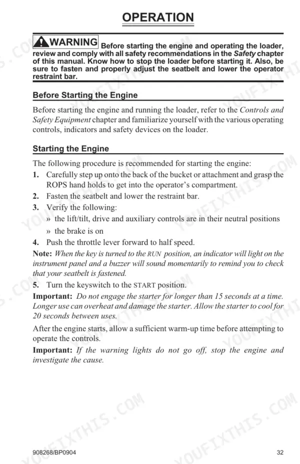 Gehl SL3635, SL3935 operator manual page detailing engine starting procedures, safety warnings, and pre-start checks.