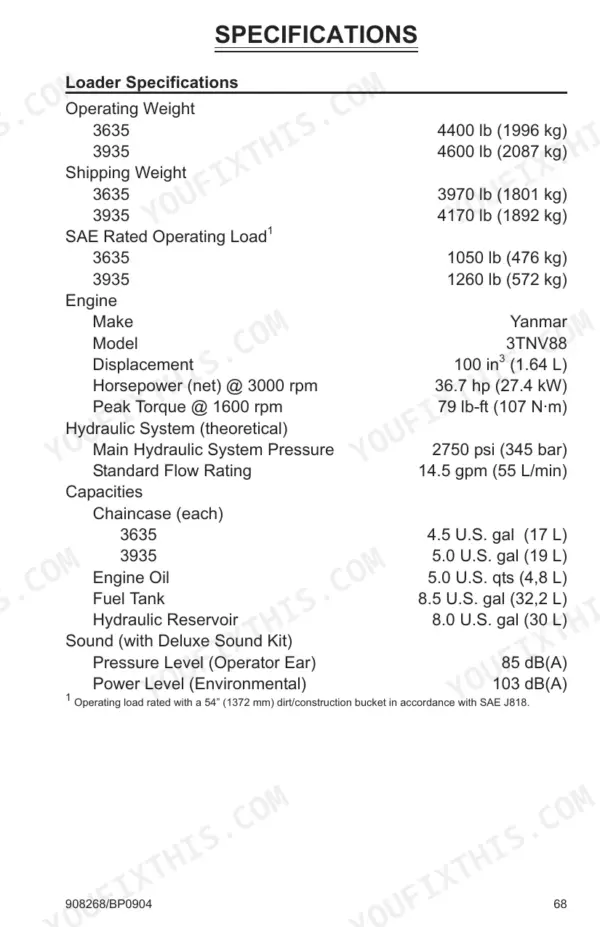 Gehl SL3635, SL3935 loader specifications table including engine, hydraulic, capacity, and sound data.