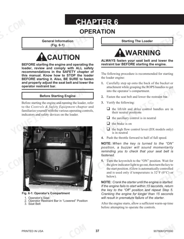 Gehl SL4635, SL4835 operator manual page showing engine starting procedures, safety warnings, and operator compartment diagram.