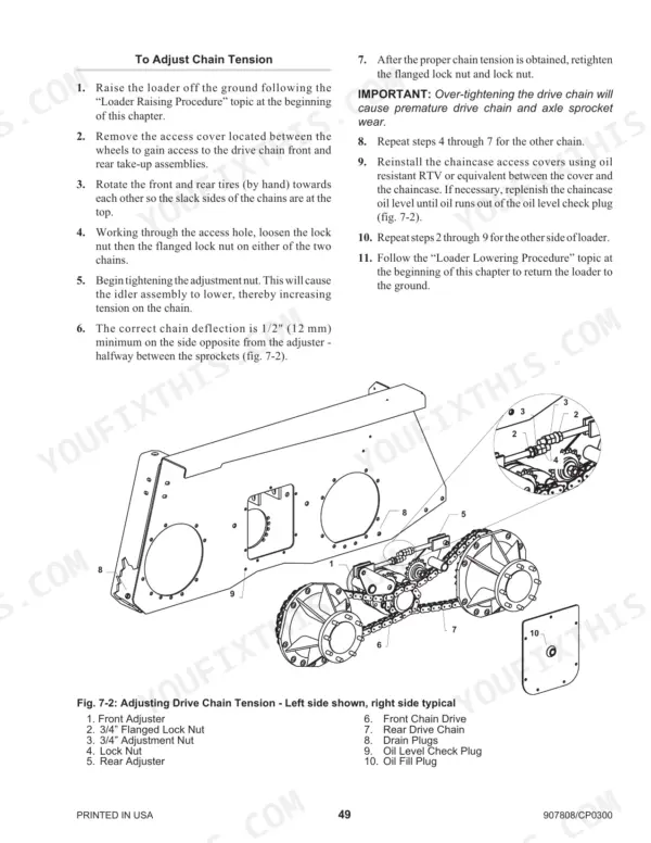 Gehl SL4635, SL4835 drive chain tension adjustment procedure and diagram showing chaincase, adjusters, and sprockets.
