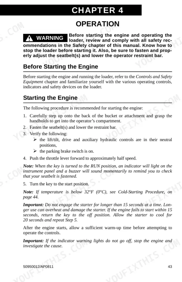 Gehl SL4640E, SL5240E Power2 engine starting procedure and operation safety guide.
