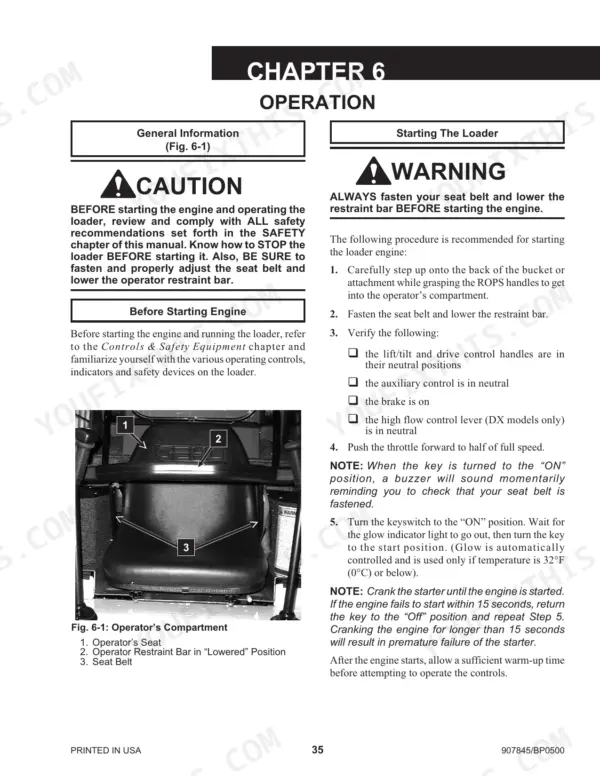 Gehl SL5635SX, SL5635SXT, SL5635DXT, SL6635SXT, SL6635DXT, SL5635, SL6635 operator manual page showing engine starting procedures.