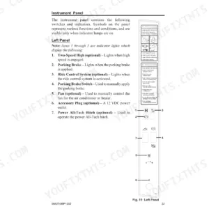 Gehl SL7600, SL7800 left instrument panel diagram, switch functions, and safety warning labels.