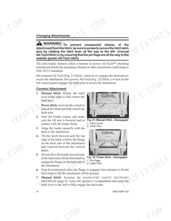 Gehl SL7600, SL7800 manual: procedures for changing attachments and connecting manual or power All-Tach hitch systems.