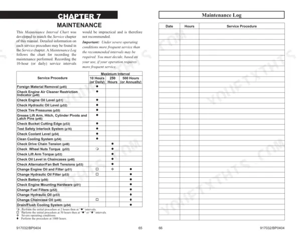 gehl-sl7610-sl7710-sl7810-skid-steer-loader-operator-manual-917032-maintenance-35.webp Gehl SL7610, SL7710 (EU), SL7810 maintenance interval chart and service log table for routine equipment checks.