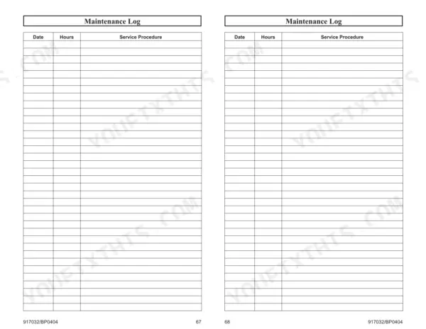 Gehl SL7610, SL7710 (EU), SL7810 maintenance log table for recording service dates, machine hours, and procedures.