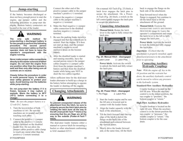 Gehl SL7610, SL7710 (EU), SL7810 jump-starting, changing attachments, and connecting auxiliary hydraulic coupling procedures.