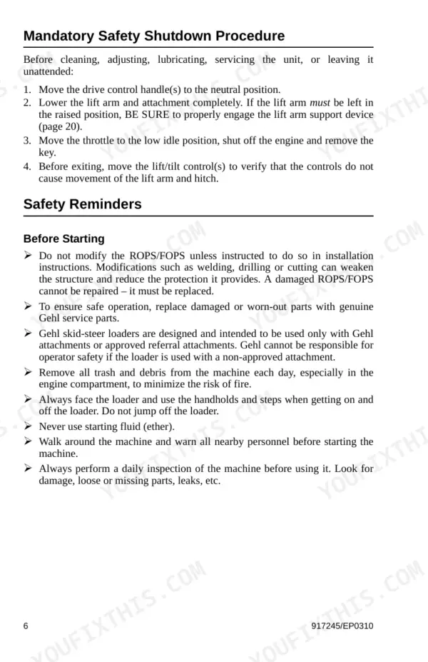 Gehl SL7810E mandatory safety shutdown procedure and operator safety reminders for skid-steer loader operation.