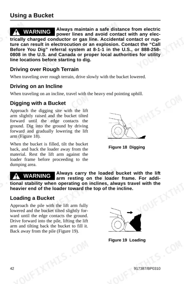 Gehl V270 operator manual: procedures for using, digging, and loading with a bucket, including safety warnings.