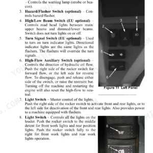Gehl V400 left instrument panel controls, switches, and indicator lamp display diagram and descriptions.