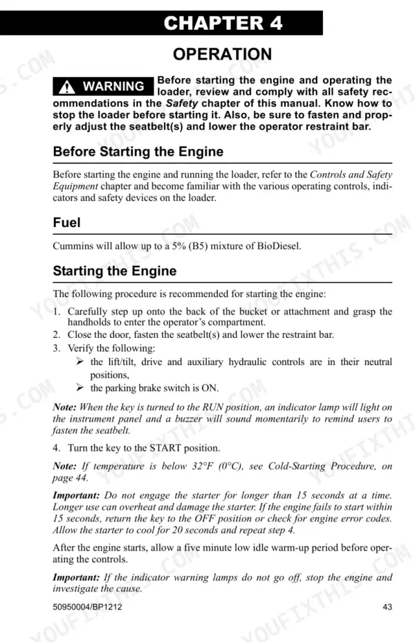 Gehl V400 operator manual page detailing engine starting procedures, fuel requirements, and safety warnings.